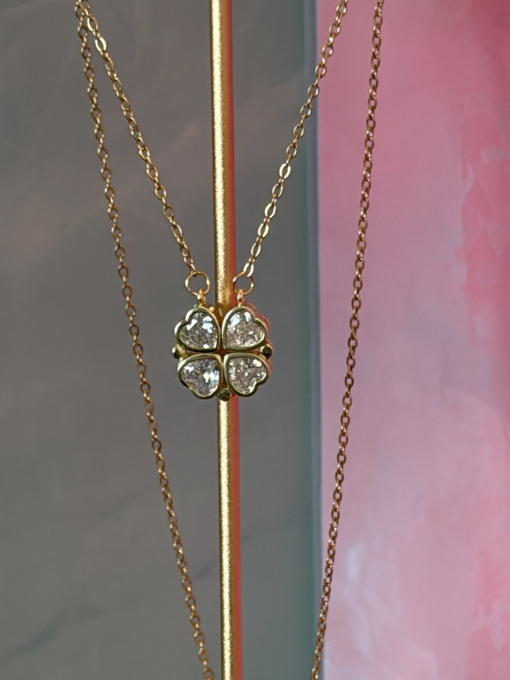 Gold Clover Pendant Necklace with Clear Crystal Hearts